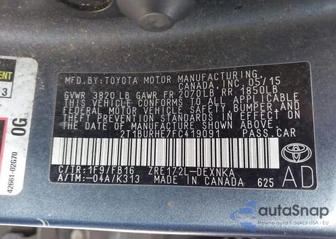 2015 Toyota Corolla Le из США, поврежденный, VIN 2T1BURHE7FC419091